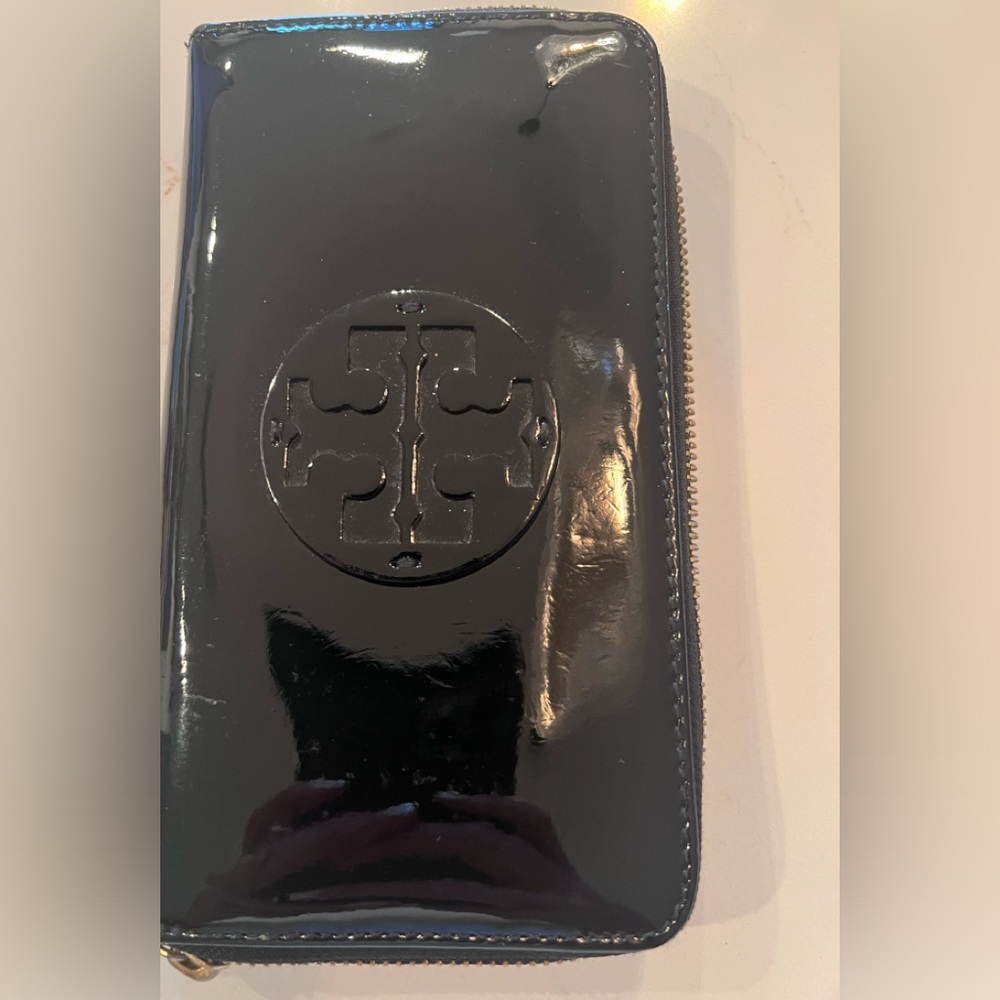 Tory Burch black patent leather wallet.